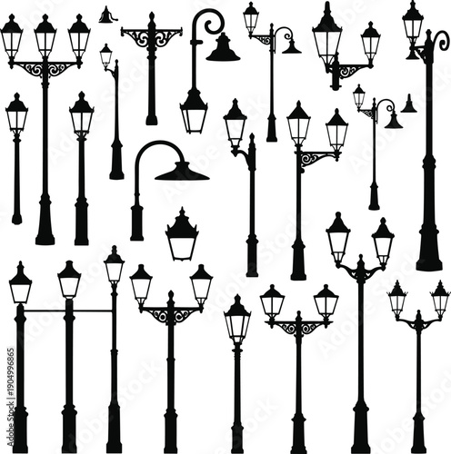 Vintage Street Lamp Silhouette Set Showing Classic Urban Lantern Designs, Decorative Outdoor City Lighting Collection, Isolated Black Vector Illustration on White Background