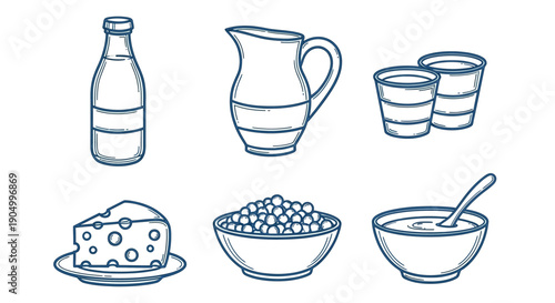 Assorted dairy products and desserts arranged on a clean white background from a straightforward viewpoint