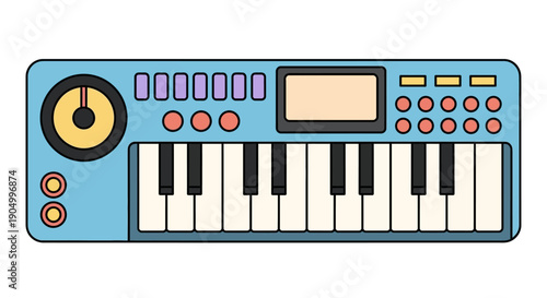 A digital keyboard with colorful buttons and knobs viewed directly from the front on a plain background