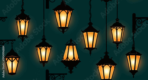 Hanging lanterns illuminating the night sky with a cluster of lights in a serene evening atmosphere