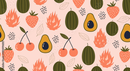 Vibrant pattern of fruits and leaves on a seamless background from a top viewpoint