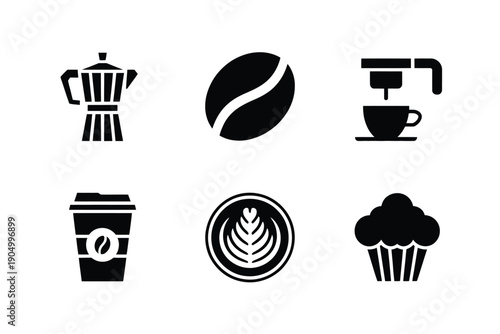 Black and white icons representing coffee preparation and related items isolated on white background, Vector, illustration