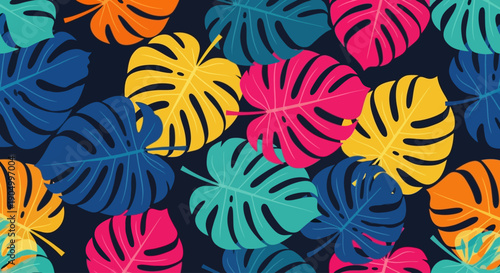 Vibrant tropical leaves pattern on dark background, showcasing colorful monstera and palm foliage from above