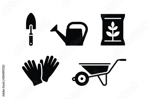 Assorted classic gardening and yard work tools icons set isolated on white background, Vector, illustration