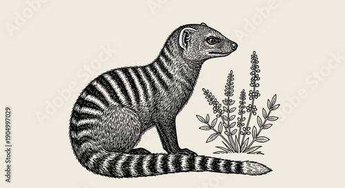 Detailed black and white illustration of a ring-tailed lemur sitting beside a plant with leaves and flowers viewed from the side