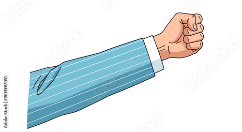 A clenched fist in a blue striped sleeve, a symbol of determination and strength, viewed from the side.