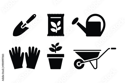 Essential gardening tools and supplies icon set for outdoor activities isolated on white background, Vector, illustration