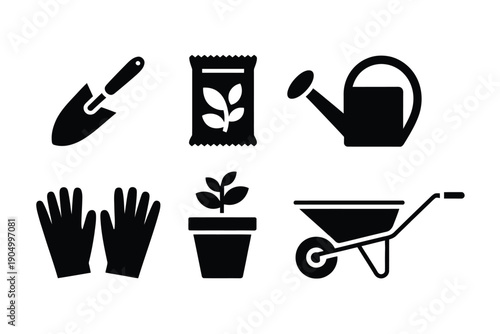 Set of six black silhouettes representing common gardening tools and items isolated on white background, Vector, illustration