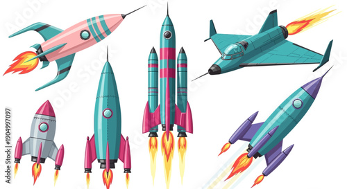 Illustration of various futuristic rockets and jets flying through the sky from different viewpoints