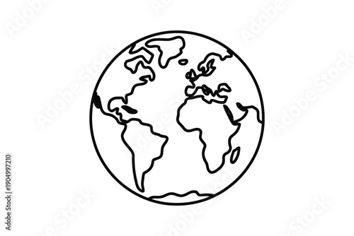 Simple line drawing of the world map on a globe isolated on white background, Vector, illustration