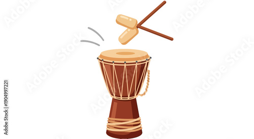 A djembe drum being played with a pair of wooden drumsticks in a traditional setting