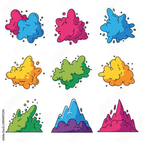 Colorful Holi powder splash set with bright paint clouds in cartoon vector style isolated on white background