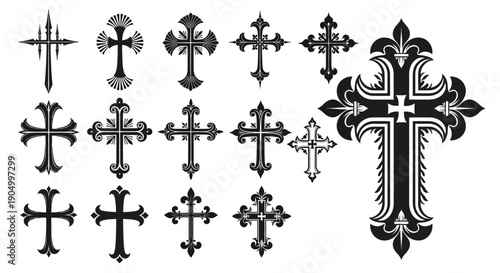 Collection of various ornate and simple cross symbols in black and white illustrations