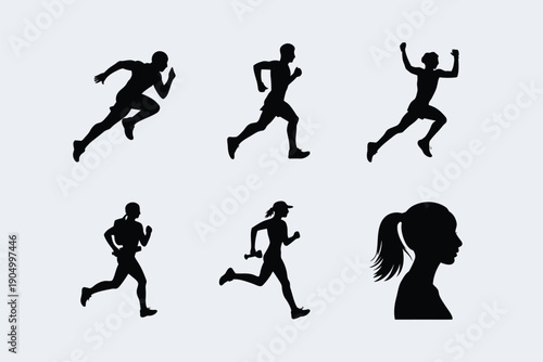 Dynamic silhouettes of athletes in various running and exercise poses isolated on white background, Vector, illustration