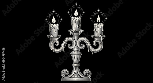 Ornate silver candelabra with three lit candles on a decorative stand