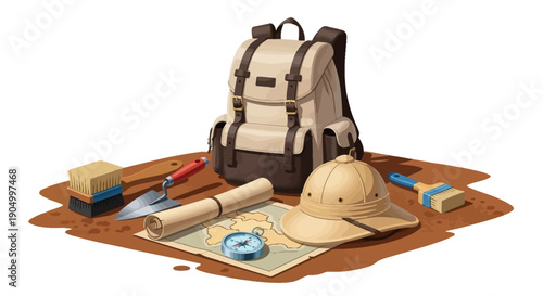 Travel preparation setup with backpack, hat, map, and tools arranged on a wooden surface, viewed from directly above.