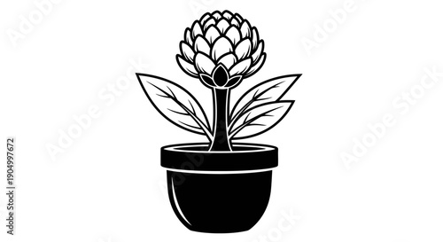 Simple black and white illustration of a potted plant with leaves and a flower viewed from the front