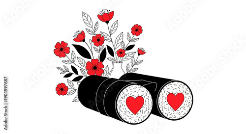 Sushi rolls with heart designs and poppy flowers illustration on a clean background