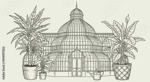 A serene greenhouse scene with lush plants and a detailed architectural structure viewed from the front