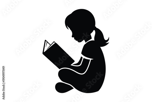 A young girl engrossed in reading a book while sitting comfortably. isolated on white background, Vector, illustration