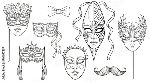 Collection of various masquerade masks and accessories displayed on sticks and floating freely in a minimalist setting from a straightforward viewpoint