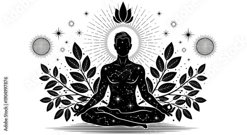 Serene illustration of a person meditating surrounded by leaves and celestial elements from a front viewpoint