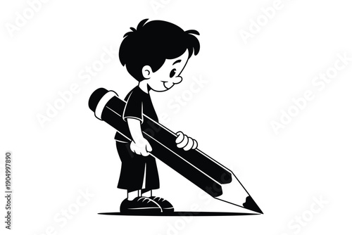 A young boy energetically drawing with an oversized pencil isolated on white background, Vector, illustration