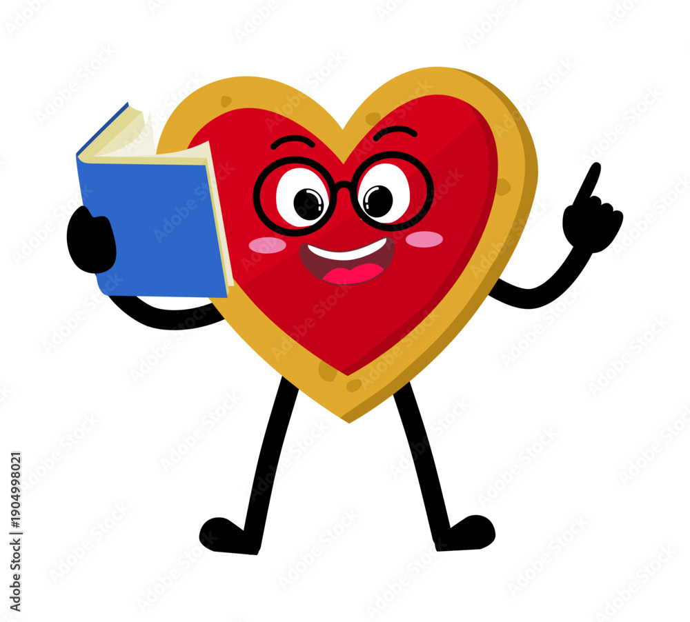 Fototapeta premium Cute Hand Drawn Heart-shaped Cookie Reading A Book