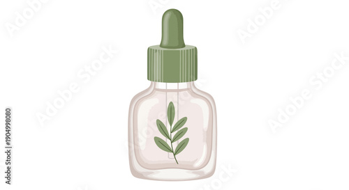 A dropper bottle with a green cap and a leaf illustration on a transparent glass container depicted in a minimalist digital art style