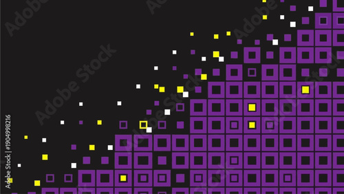Digital purple grid pattern with scattered yellow and white dots on black background viewed from directly above