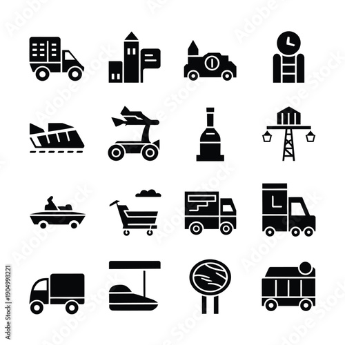 Collection of diverse icons representing various transportation and construction vehicles isolated on white background, Vector, illustration