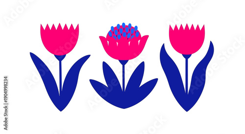 Three tulips in various stages of bloom depicted in a simple graphic illustration style