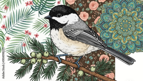 A black-capped chickadee perched on a branch surrounded by lush foliage and floral patterns viewed from the side