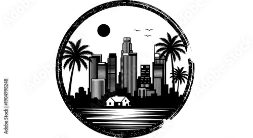 Cityscape illustration featuring a boat on the water with palm trees and skyscrapers under a circular frame