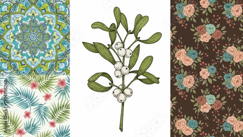 A collection of floral patterns and a mistletoe branch, showcasing various designs and textures, in a collage format, viewed from a straightforward perspective.