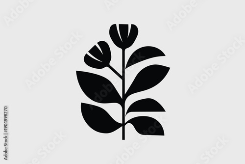 Minimalist black and white illustration of a stylized leaf cluster isolated on white background, Vector, illustration