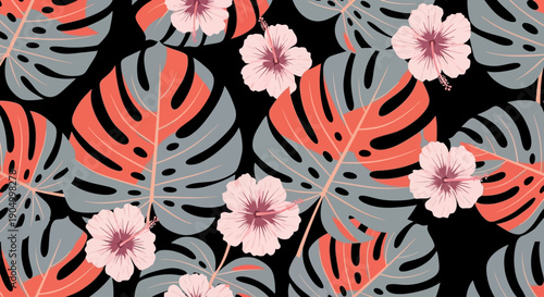 Tropical flowers and leaves pattern on a dark background from an aerial viewpoint