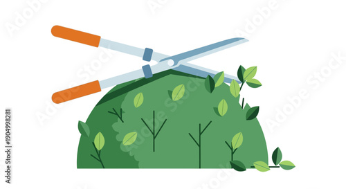 Gardening shears trimming a bush with lush green leaves in a serene outdoor setting from a straightforward viewpoint