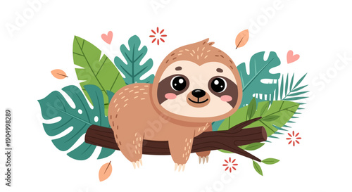 Cuddly sloth resting on tree branch surrounded by tropical leaves and flowers illustration