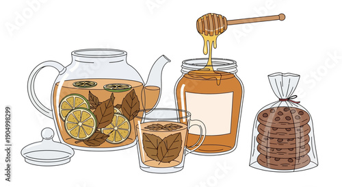 A still life illustration of a teapot with lemon slices, a cup of tea, a jar of honey being poured, and a bag of cookies on a table.