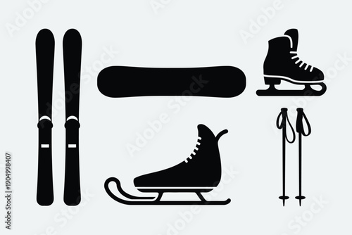 Winter sports equipment icons displayed in black and white silhouette style isolated on white background, Vector, illustration