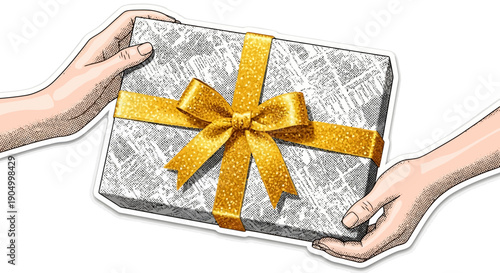 Hands holding a beautifully wrapped gift box with a golden ribbon from a top view
