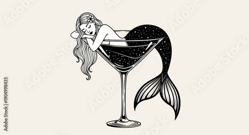 A mermaid lies elegantly in a cocktail glass, surrounded by luxury and mystique, in a sophisticated illustration.