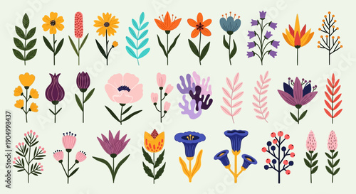 A vibrant collection of various flowers and plants illustrated in different colors and styles displayed together on a plain surface from a direct viewpoint