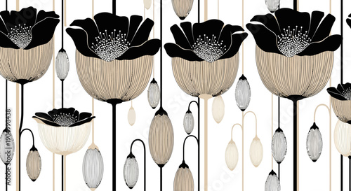 Elegant floral illustration featuring stylized flowers and pendant ornaments in a vertical arrangement from a frontal viewpoint