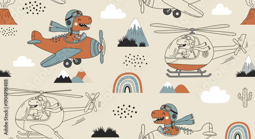 A vibrant pattern featuring airplanes and helicopters in a whimsical landscape with mountains and clouds from an aerial viewpoint.
