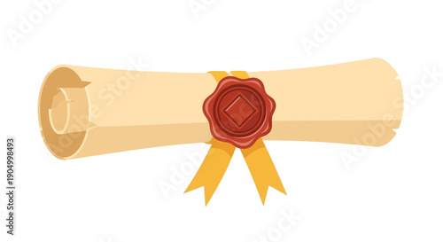 A digital illustration of a certificate with a red seal and yellow ribbon on a document