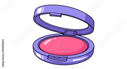 An open purple blush compact with pink powder inside on a neutral background from a front viewpoint