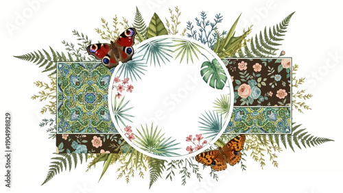A serene circular frame surrounded by lush greenery and vibrant butterflies, perfect for nature-inspired designs and floral arrangements