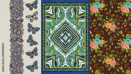 A vibrant collection of ornate designs, featuring butterflies, floral patterns, and intricate geometric shapes in a harmonious blend of colors and textures